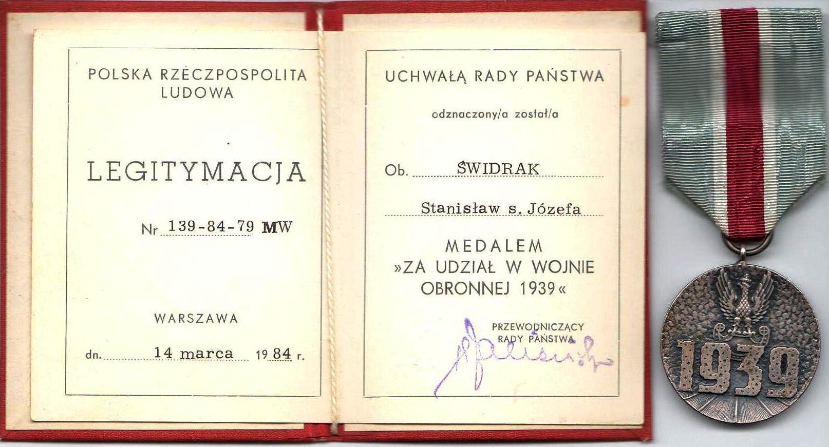 S. Świdrak - odznaczony Medalem Za Udział w Wojnie Obronnej - 1939 r.